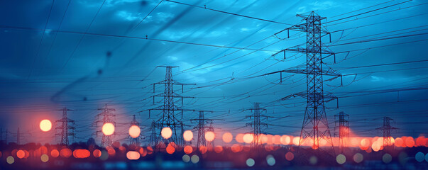 high-voltage tower and power lines with urban backdrop abstract city night electric energy technolog