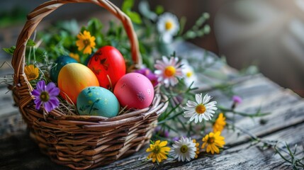 Sticker - Colorful Easter eggs in a basket with flowers for Easter decor