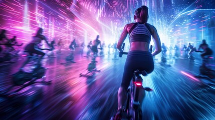 A group of people participates in an indoor cycling class set in a futuristic, neon-lit environment, creating a high-energy and immersive experience.