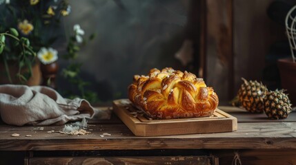 Canvas Print - Pineapple bread on a wooden tray placed on a wooden table against a dark backdrop