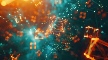 Abstract futuristic background with glowing interconnected nodes and geometric shapes. Concept of artificial intelligence, data, network, technology, and innovation.