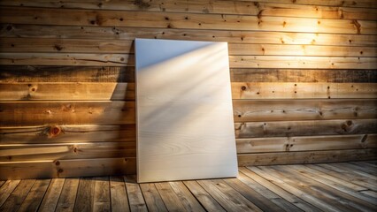 Wall Mural - Freshly painted white plywood sheet leaning against a rustic wooden wall with subtle texture and soft, warm natural lighting.