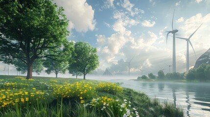 Serene landscape of a green meadow with lush trees by a tranquil lake and wind turbines, showcasing clean and renewable energy sources for a sustainable future.