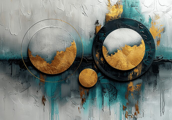 Poster - Abstract Modern Painting with Gold Circles Teal and Gray Texture on White Background