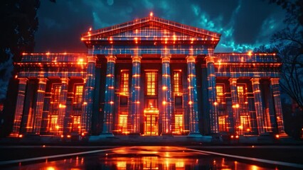 Poster - This Neoclassical building at night, illuminated with orange light projections.