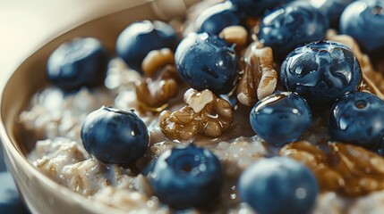 Wall Mural - Morning Oats with Blueberries and Walnuts Close shot