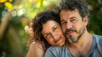 Wall Mural - The close up picture of parents hugging each other in a beautiful nature under light from sun, the hugging is sign of affection, comfort, or support and expression of emotions of love and care. AIG43.