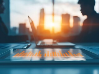 Business meeting at sunset with two professionals discussing financial data on laptops and tablets in a modern office.