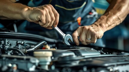 Wall Mural - A mechanic working under the hood of a car, using a wrench to repair the engine in an auto repair shop. 