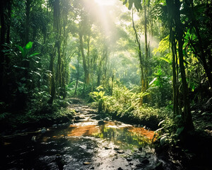 A lush green jungle with a stream running through it.