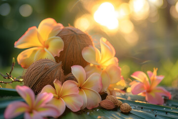 Poster - frangipani flowers and coconut on the beach