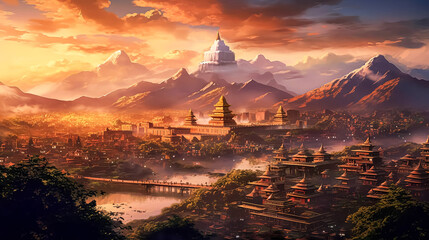 Wall Mural - A beautiful city with a large mountain in the background