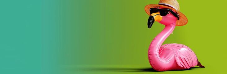 Pink inflatable flamingo with sunglasses and straw hat on vibrant green background, summer banner concept, highly detailed, photorealistic 3D rendering