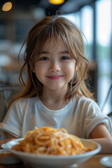 Poster - portrait of little girl eating at kitchen