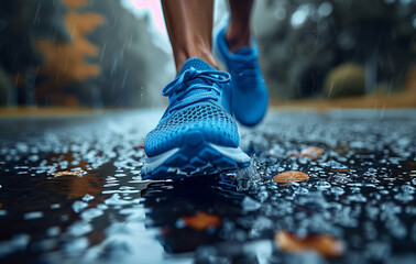 Wall Mural - running shoes on the wet road,closeup