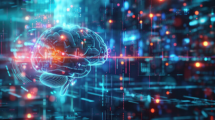 Digital brain in futuristic background with glowing elements and holographic interface, symbolizing artificial intelligence technology concept