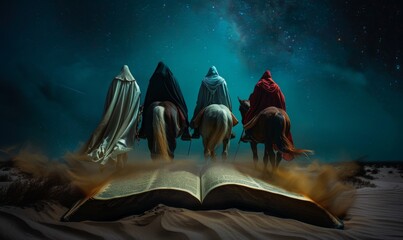 Poster - An open Bible with four horsemen riding out of the pages.