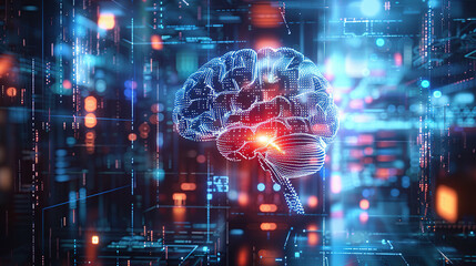 Digital brain in futuristic background with glowing elements and holographic interface, symbolizing artificial intelligence technology concept
