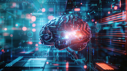 Digital brain in futuristic background with glowing elements and holographic interface, symbolizing artificial intelligence technology concept