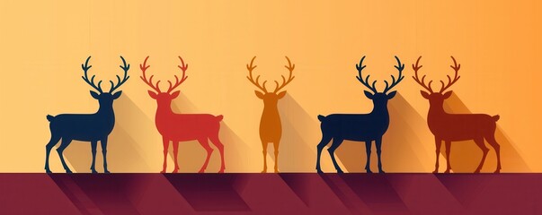 Poster - Four Deer Silhouettes on Yellow Background.