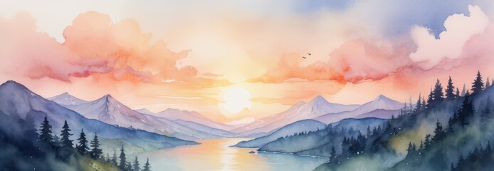 Canvas Print - Watercolor Mountains at Sunset.