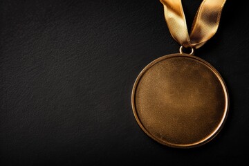 Gold medal with ribbon on black background.