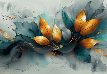 Sticker - Elegant Abstract Botanical Art with Gold Leaves and Teal Accents on White Background