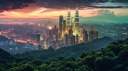 Wall Mural - A city skyline is visible in the background of a lush green forest.