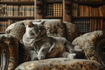 Wall Mural - cat in a library