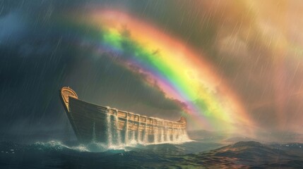 Sticker - Rainbow over the Noahs ark. Bible story.