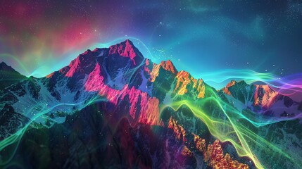 Data stream visualized as a colorful aurora borealis over a mountain range, blending natural beauty with digital patterns, serene and awe-inspiring mood, photographic style,