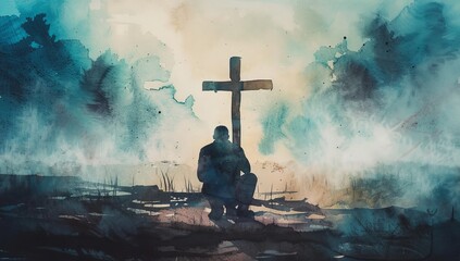 Wall Mural - Man praying in front of a cross.	
