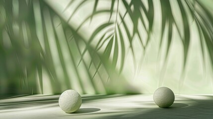 Wall Mural - Minimalistic display of grass balls and palm leaf shadows on green background Premium pedestal for promoting natural beauty and eco friendly cosmetics Display case