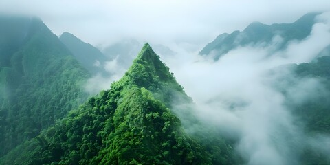 Wall Mural - Highresolution image of misty mountain peak emerging from dense forest. Concept Nature, Mountains, Forest, Mist, Wilderness