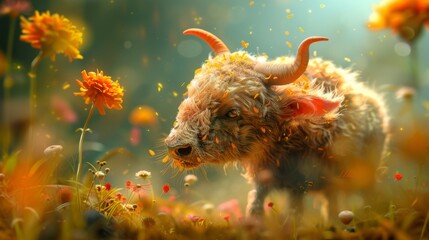 Wall Mural - Magical Bull in a Field of Flowers