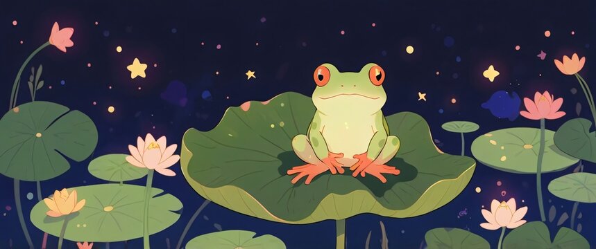 cute frogs sitting on the leaf with starry background illustration