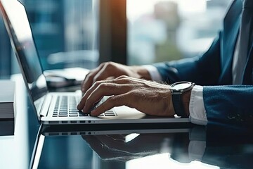 Close-up of businessman working on laptop computer on wooden desk in modern office