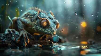 Wall Mural - Lizard Drinking Water in the Rain