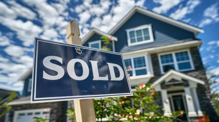 A close-up of a sold sign in front of a beautiful new home, with blue sky and clouds in the background, symbolizing a successful real estate transaction. 