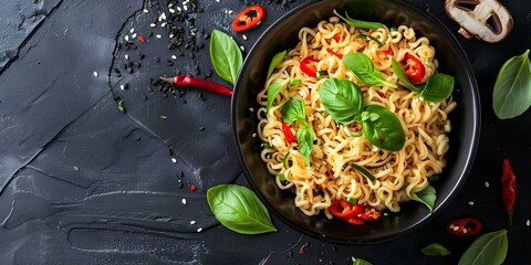 Wall Mural - Asian instant noodles with shiitake mushrooms and vegetables a classic meal. Concept Food, Instant Noodles, Shiitake Mushrooms, Vegetables, Asian Cuisine