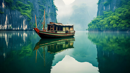 Wall Mural - A boat is sailing in a river with mountains in the background.