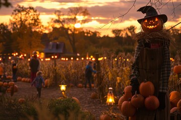 A pumpkin patch at dusk, with families picking pumpkins and a haunted scarecrow standing guard, illuminated by lanterns and the setting sun --ar 3:2 Job ID: bcdcfce3-32e3-478c-8c30-f25748159d2a