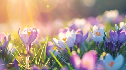 Beautiful meadow of crocus flowers close up, summer time on a sunny day, soft focus background, whimsical and Idyllic nature