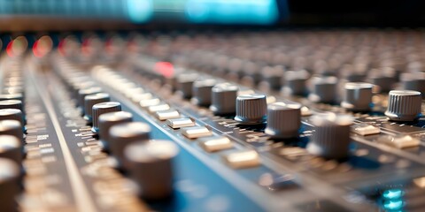 Recording studio sound mixer panel in a professional setting. Concept Professional Audio Equipment, Music Production, Sound Engineering, Studio Setup