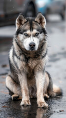 Wall Mural - a sick homeless dog is sitting on the ground with its head tilted to the side