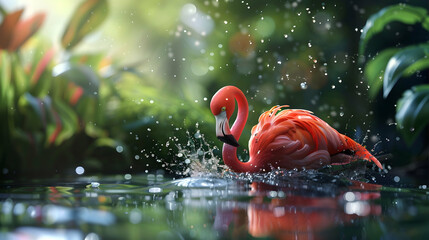 a pink flamingo with a long curved neck and orange beak swims in the water, its reflection visible below