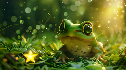 a yellow frog with a black eye sits on green grass next to a yellow star