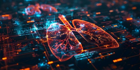 Digital human lung model with holographic medical data against hightech dark background. Concept Medical Technology, Holographic Data, Human Anatomy, Dark Backgrounds, Digital Innovation