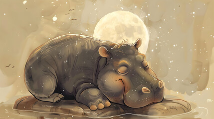 a gray hippopotamus peacefully slumbers on a rock, with its head resting on the surface and one eye closed, while its ear rests on the side