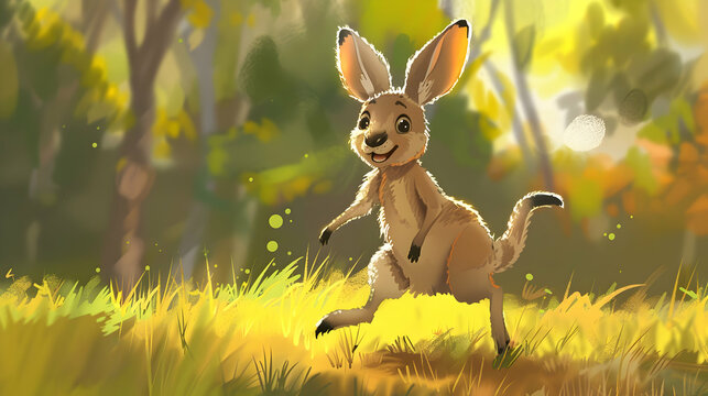 a white rabbit with a black nose and eye stands in a field of yellow grass, with a yellow tree in the background